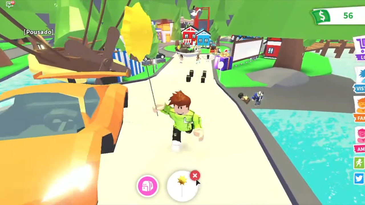 Imagem mostra personagem do jogo Roblox correndo com um balão no meio de uma rua dentro do jogo representando os métodos de como ganhar Robux de graça