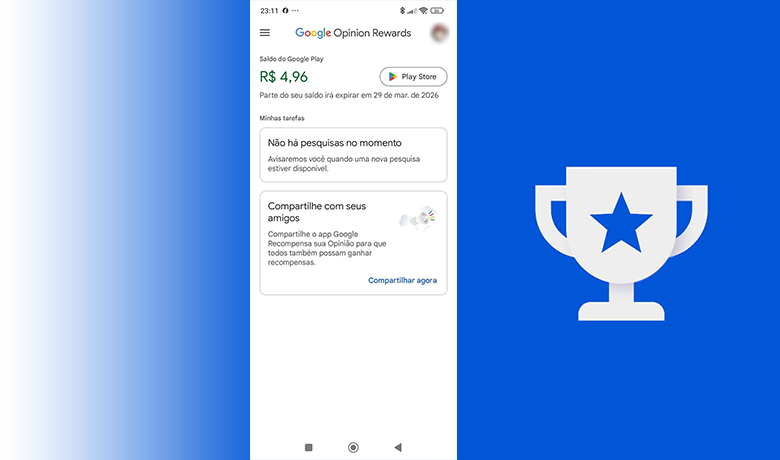 Imagem mostra interface dentro do aplicativo Google Rewards