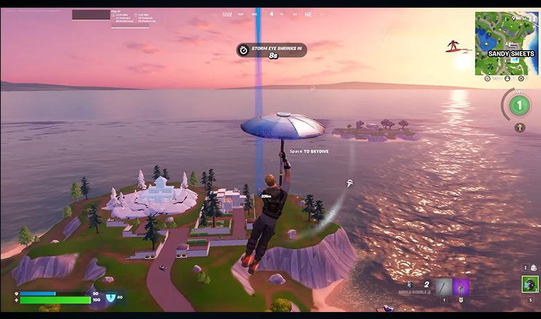 Imagem mostra jogador chegando no campo de batalha usando um guarda chuva como acessório de pouso