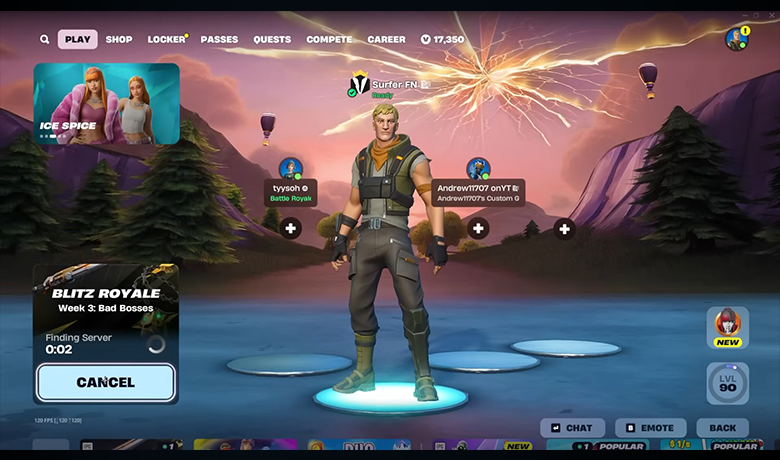 Imagem mostra tela inicial do jogo Fortnite onde existe apenas um jogador na sala